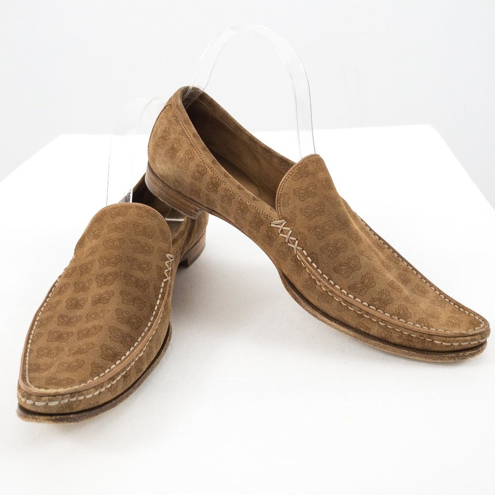 Vintage Bottega Veneta 8 Suede Butterfly Logo Loafers Tan